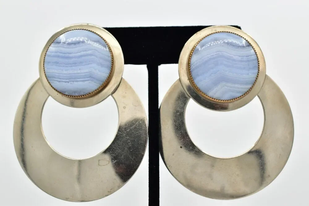 Dizan Diane Blother Vintage Clip On Earrings Blue Lace Agate Chunky Signed BinBK